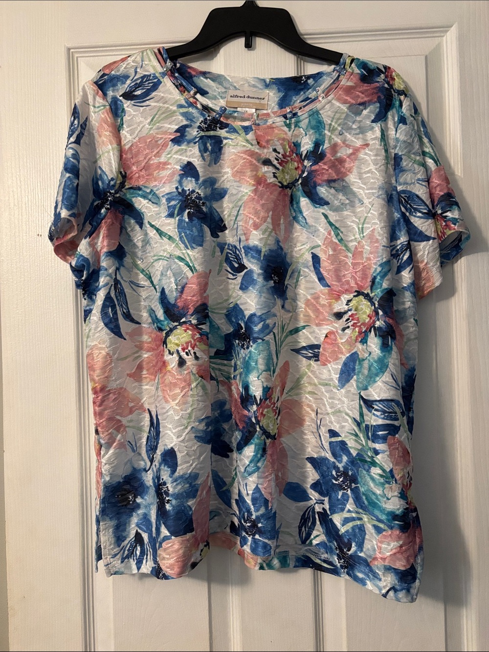 Alfred Dunner White Floral Short Sleeve Top with Blue & Pink Blooms